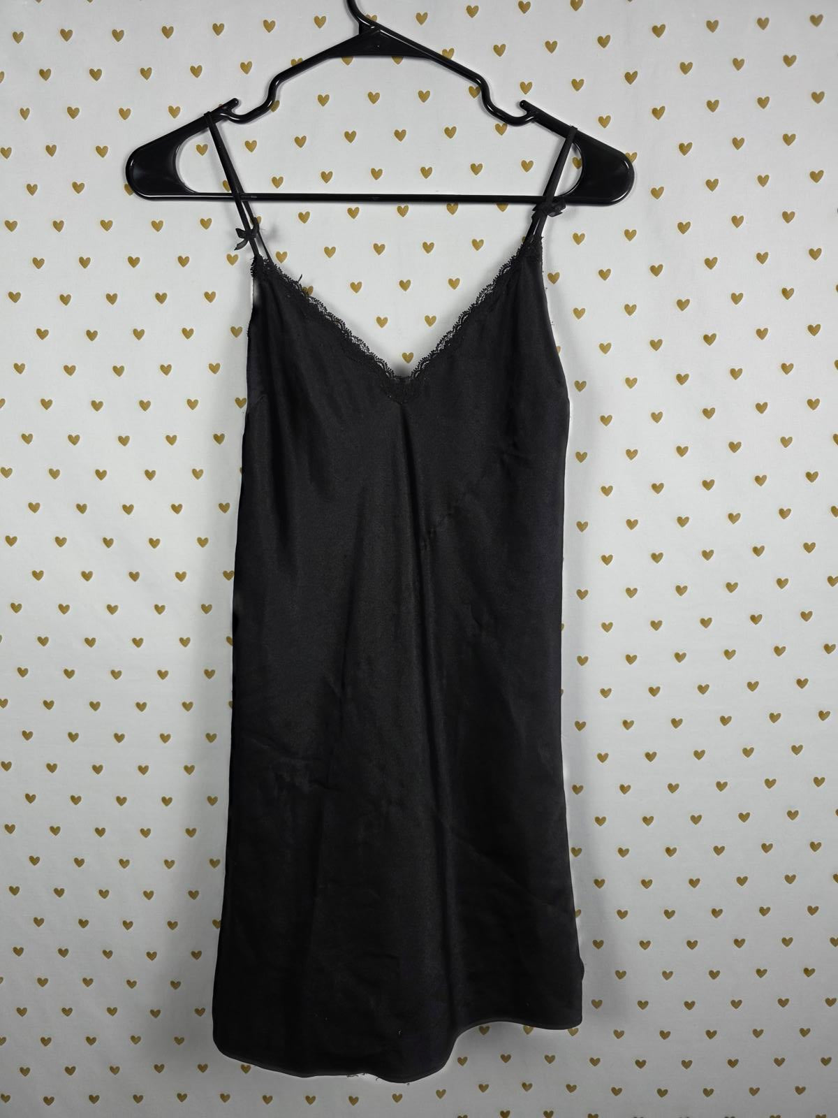 Victorias Secret Large BLACK Satin Silky Lace Accent Nightie Slip Dress Chemise
