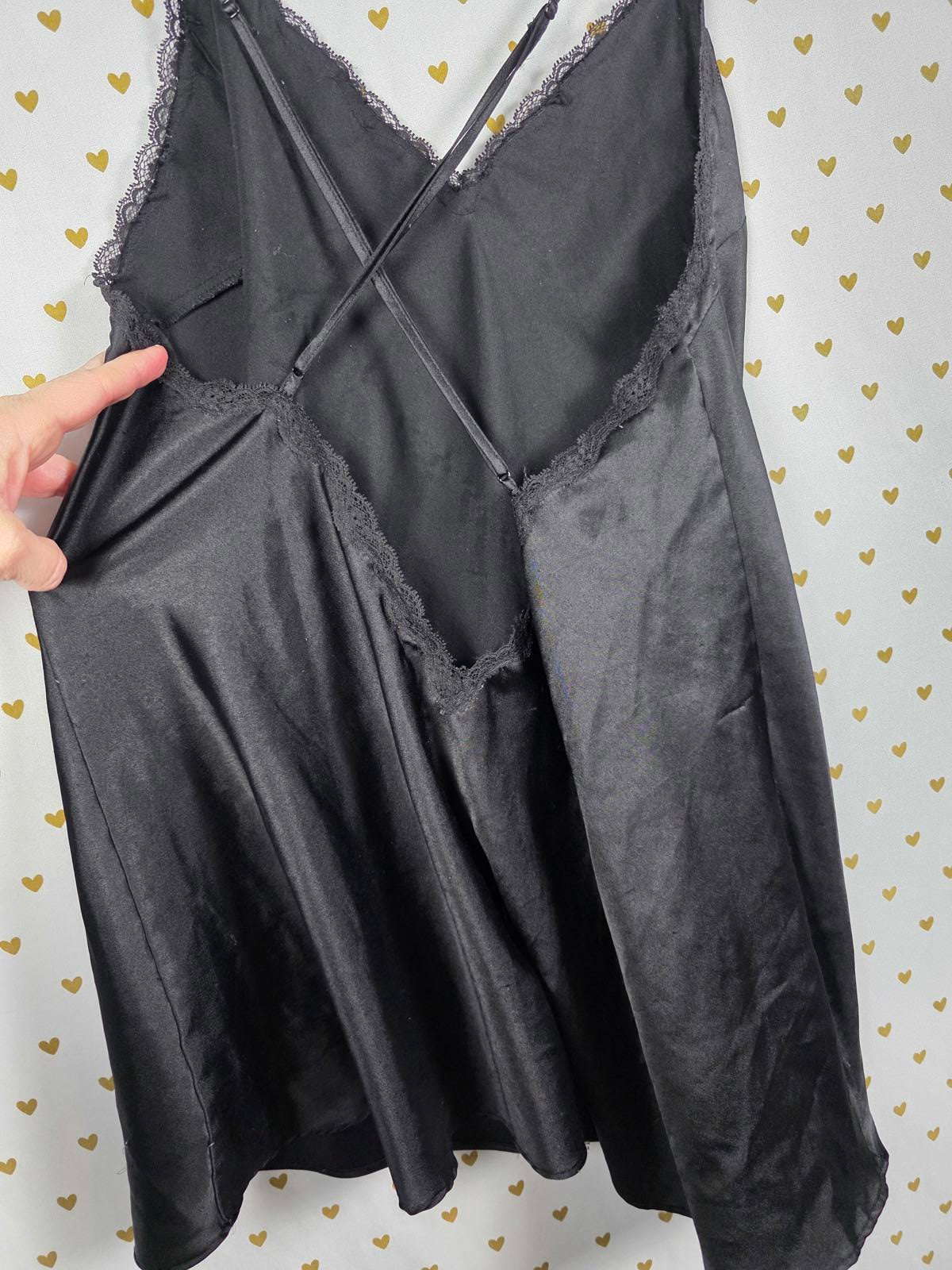 Victorias Secret Large BLACK Satin Silky Lace Accent Nightie Slip Dress Chemise
