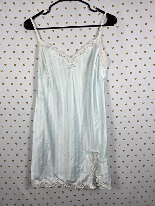 Victorias Secret SatIn Blue White STRIPED Slip Dress Nightie Lingerie Lace Large