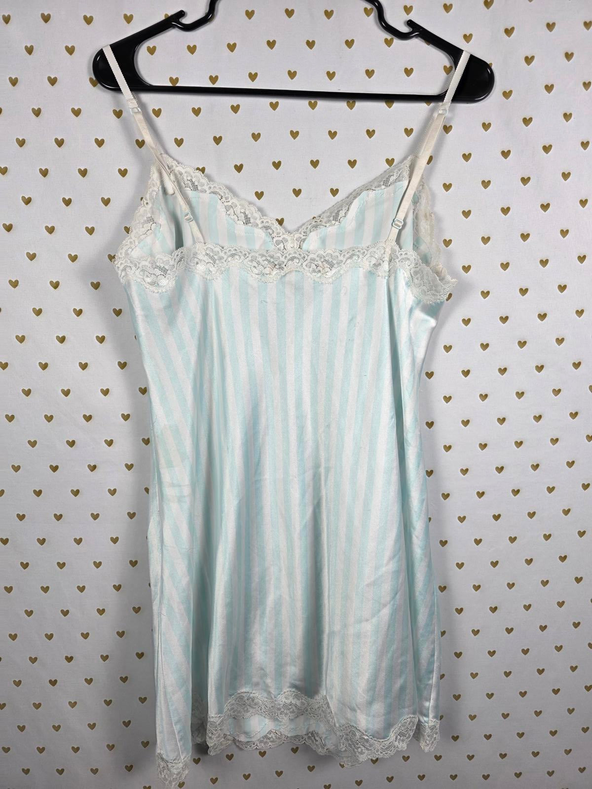 Victorias Secret SatIn Blue White STRIPED Slip Dress Nightie Lingerie Lace Large