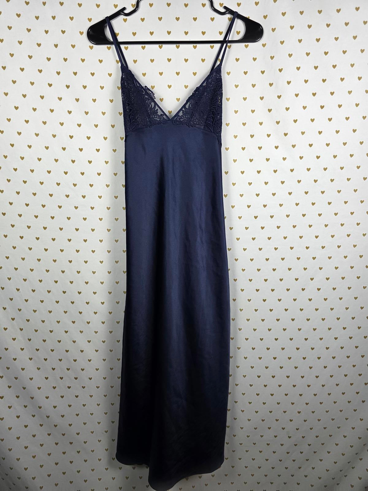 Victorias Secret LARGE Dark Blue Satin Maxi Dress Full Length Sheer Side SEXY