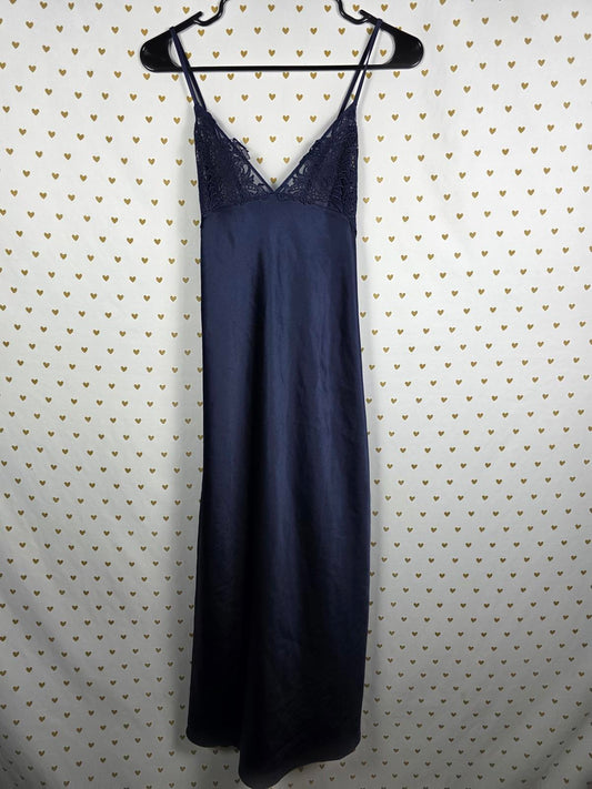 Victorias Secret LARGE Dark Blue Satin Maxi Dress Full Length Sheer Side SEXY