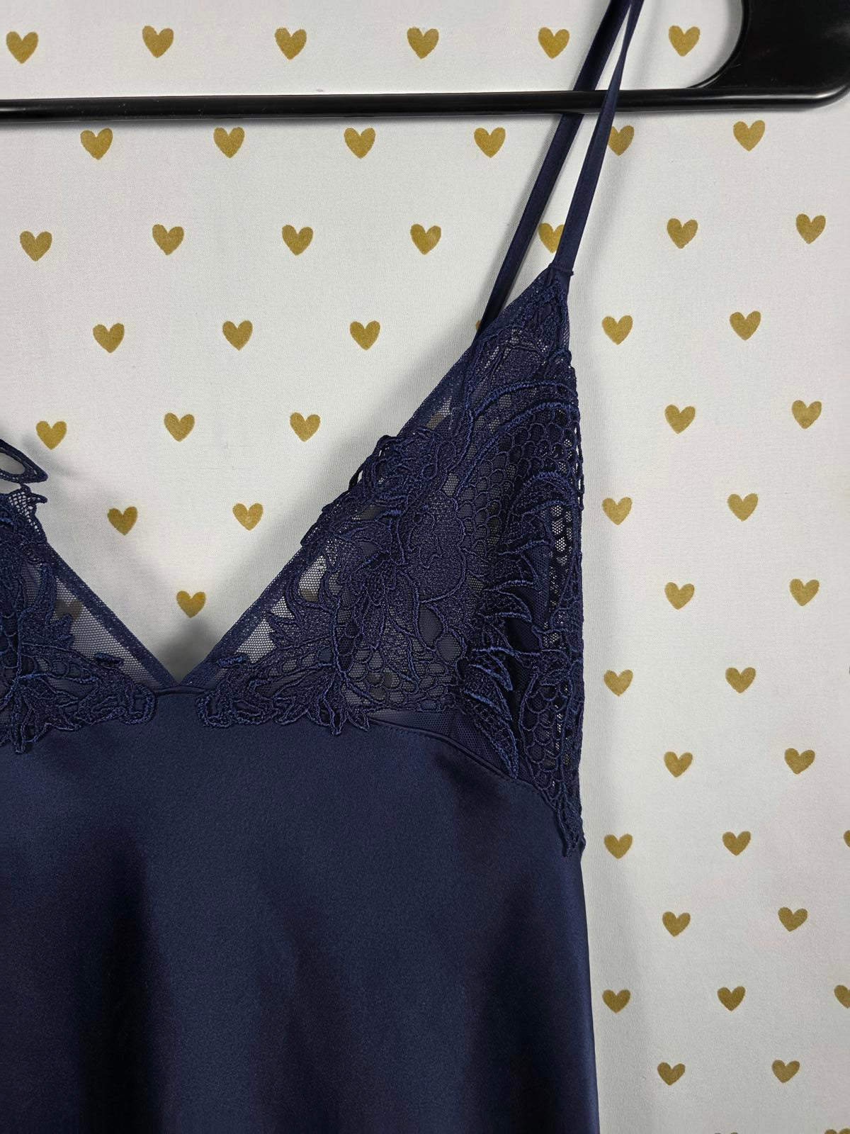 Victorias Secret LARGE Dark Blue Satin Maxi Dress Full Length Sheer Side SEXY