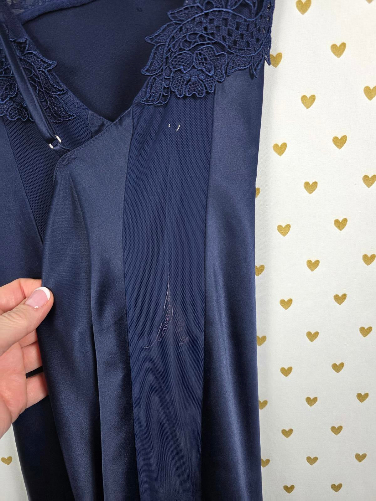 Victorias Secret LARGE Dark Blue Satin Maxi Dress Full Length Sheer Side SEXY