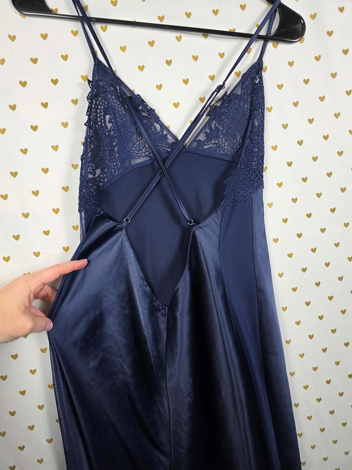 Victorias Secret LARGE Dark Blue Satin Maxi Dress Full Length Sheer Side SEXY