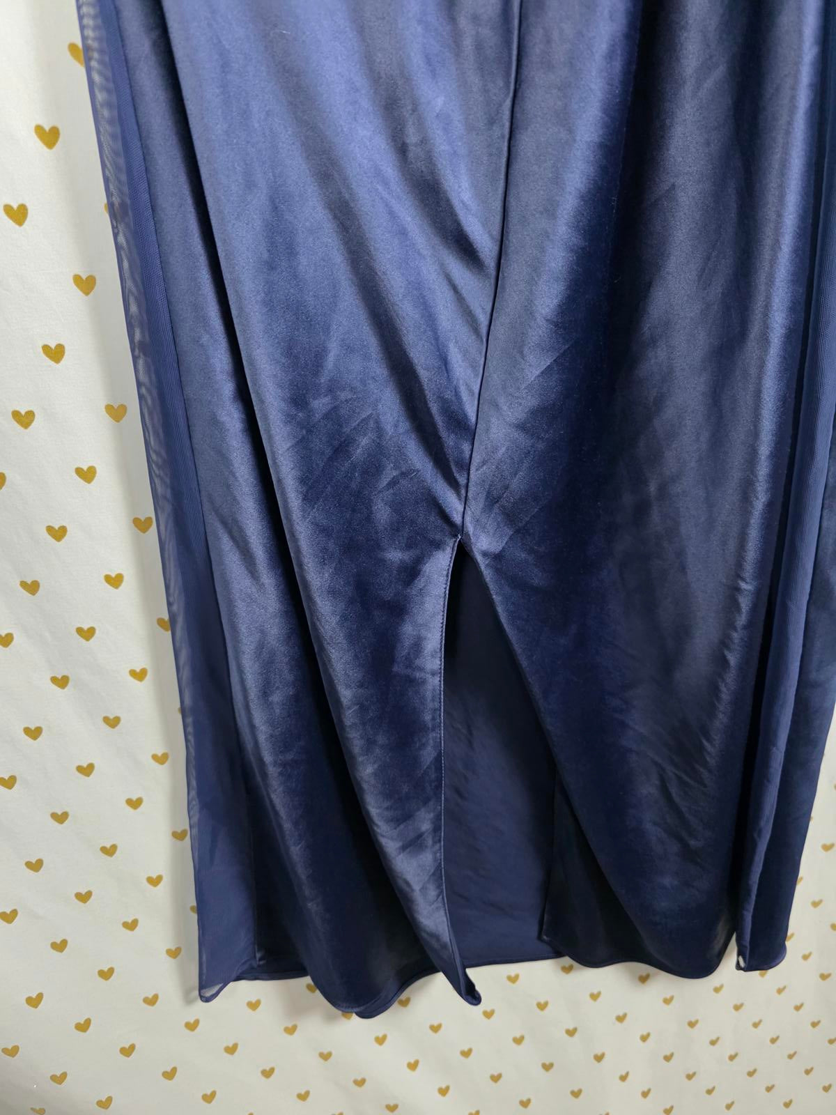 Victorias Secret LARGE Dark Blue Satin Maxi Dress Full Length Sheer Side SEXY