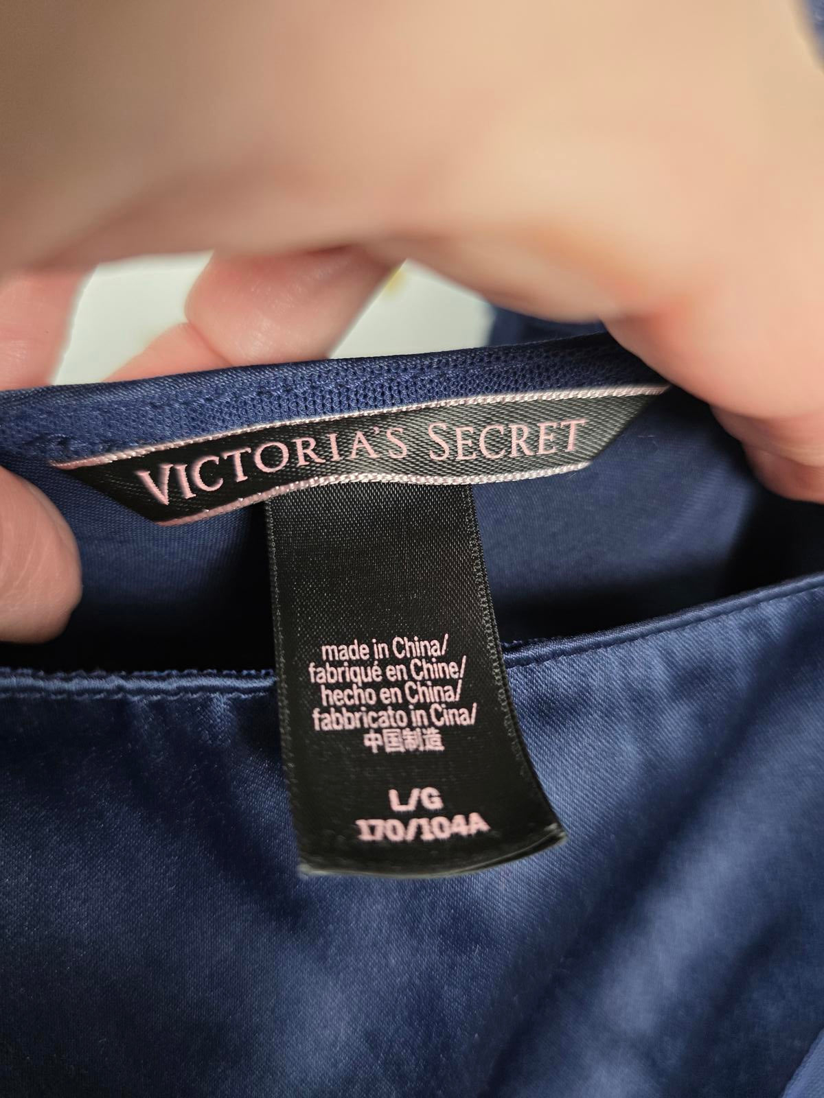 Victorias Secret LARGE Dark Blue Satin Maxi Dress Full Length Sheer Side SEXY