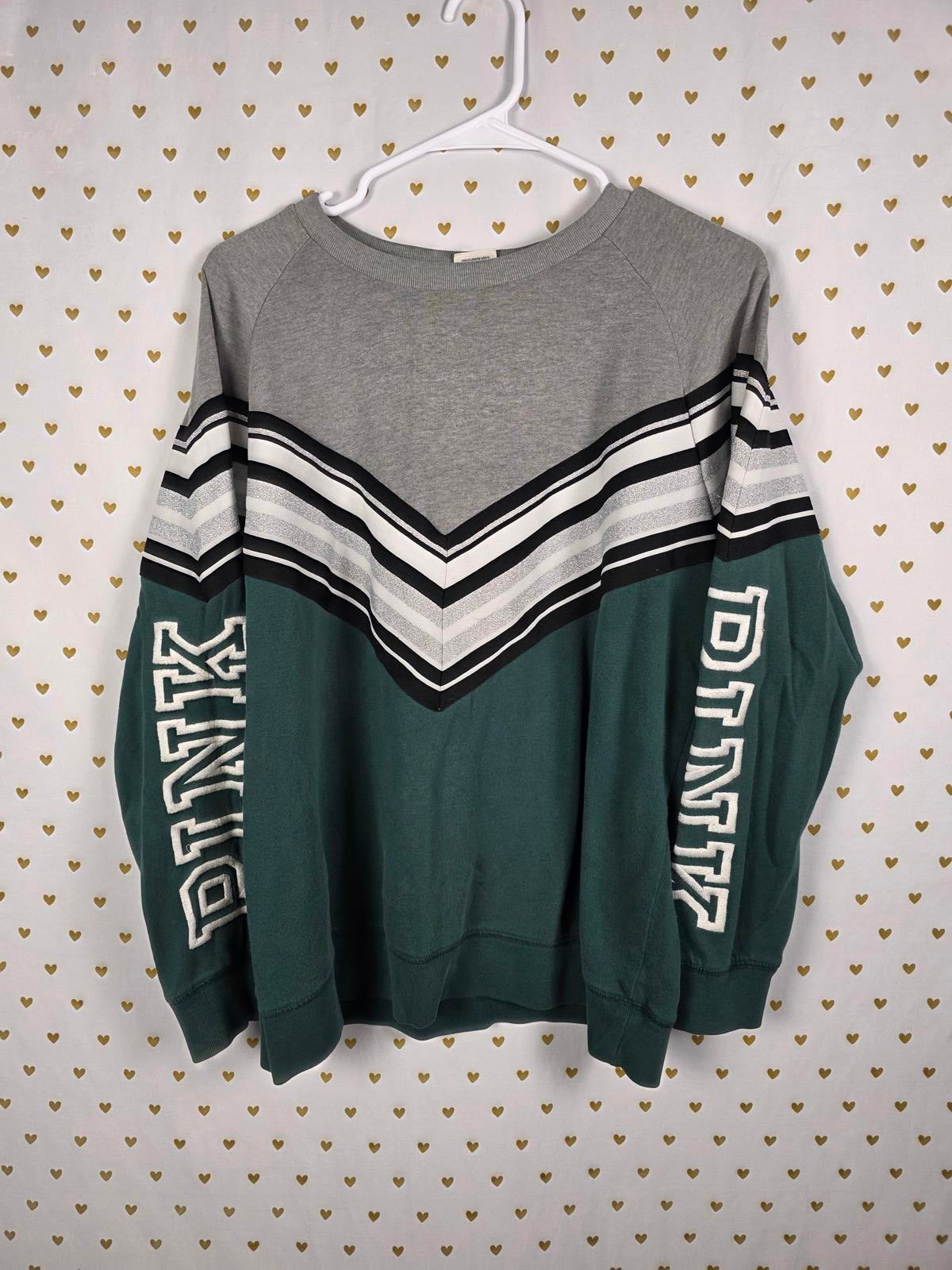 Victorias Secret Pink Logo Sleeve Chevron Green Sweater Crew SMALL