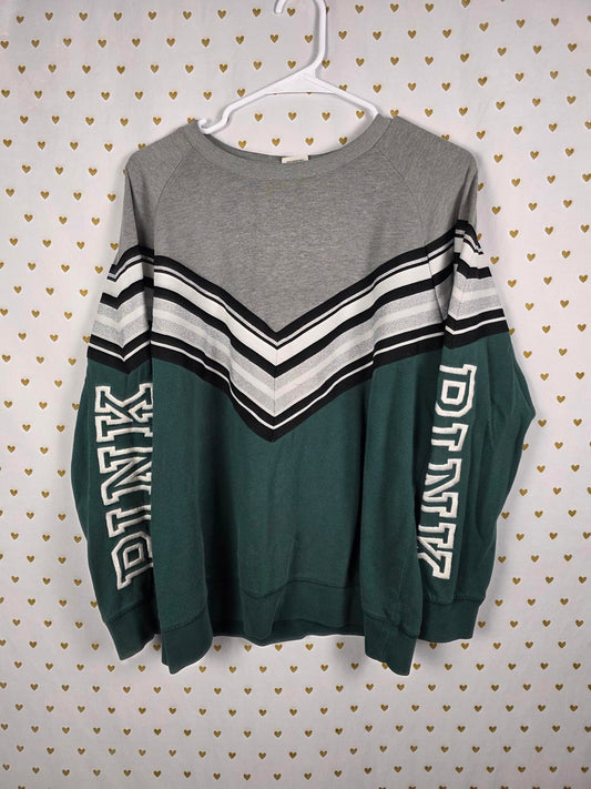 Victorias Secret Pink Logo Sleeve Chevron Green Sweater Crew SMALL