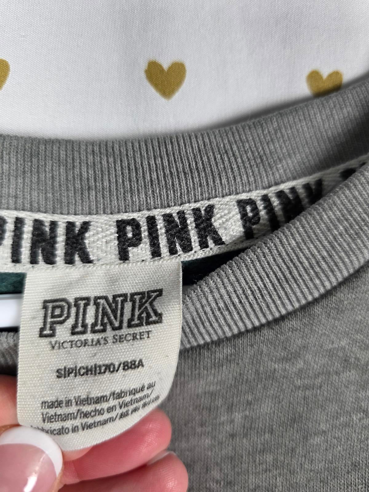 Victorias Secret Pink Logo Sleeve Chevron Green Sweater Crew SMALL