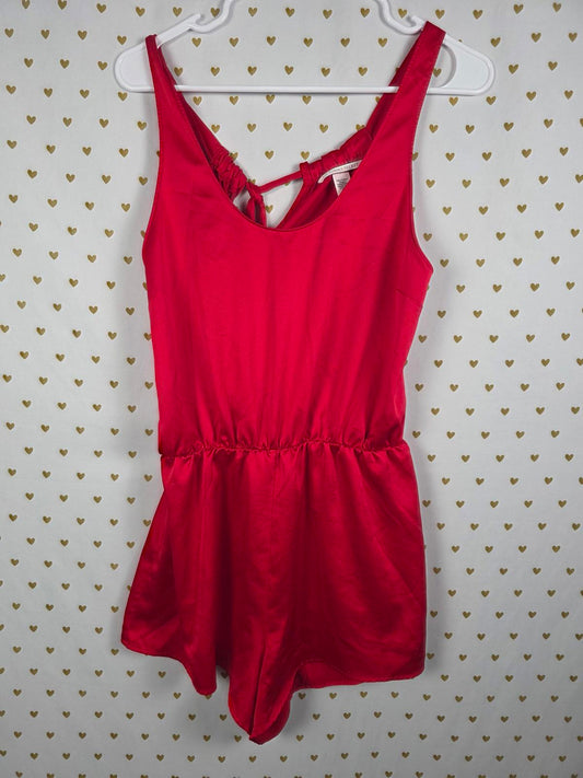 Victorias Secret Red satin ROMPER silky Shorts Nightie Medium Tie Back