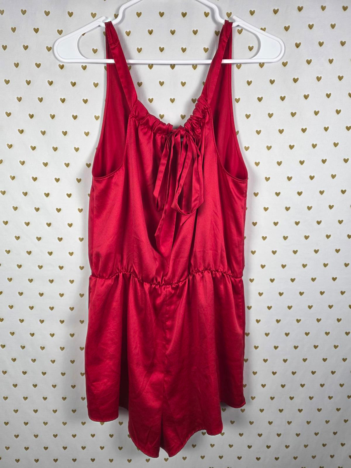 Victorias Secret Red satin ROMPER silky Shorts Nightie Medium Tie Back