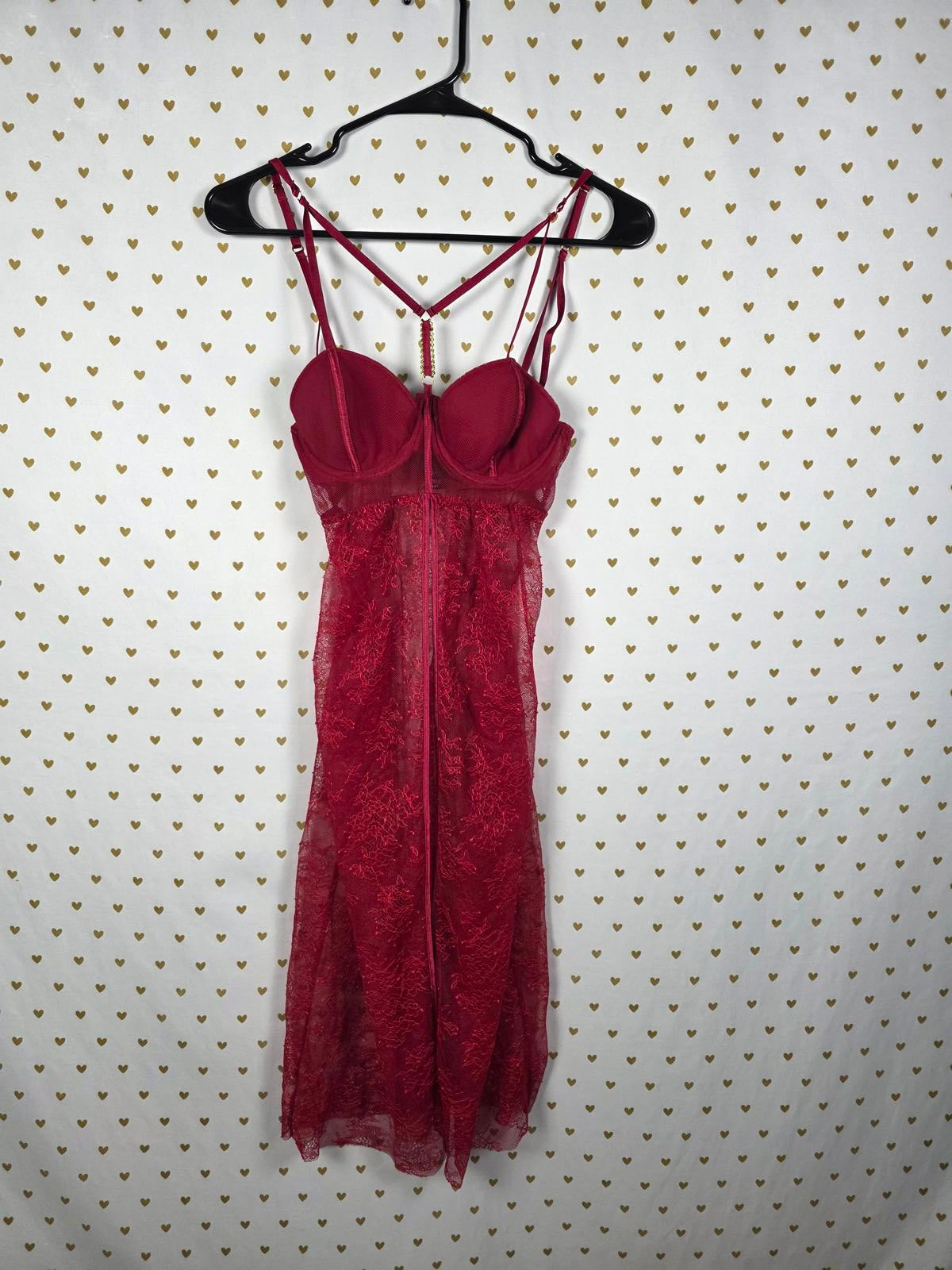 Victoria's Secret Sexy Red Lace Gold Chain Roman Goddess Chemise Nightie 34B