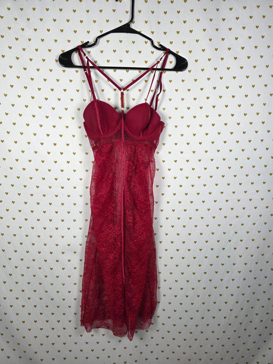 Victoria's Secret Sexy Red Lace Gold Chain Roman Goddess Chemise Nightie 34B