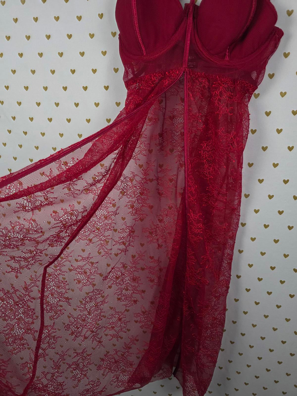Victoria's Secret Sexy Red Lace Gold Chain Roman Goddess Chemise Nightie 34B