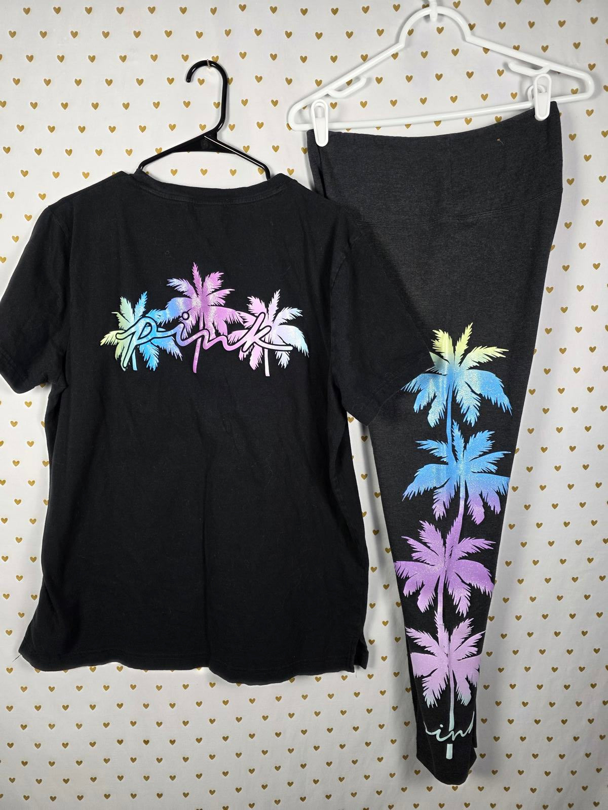 Victorias Secret Pink BLING PALM TREE SHINE TEE SHIRT LEGGING PANT SET GLITTER L