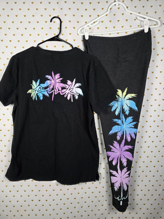 Victorias Secret Pink BLING PALM TREE SHINE TEE SHIRT LEGGING PANT SET GLITTER L