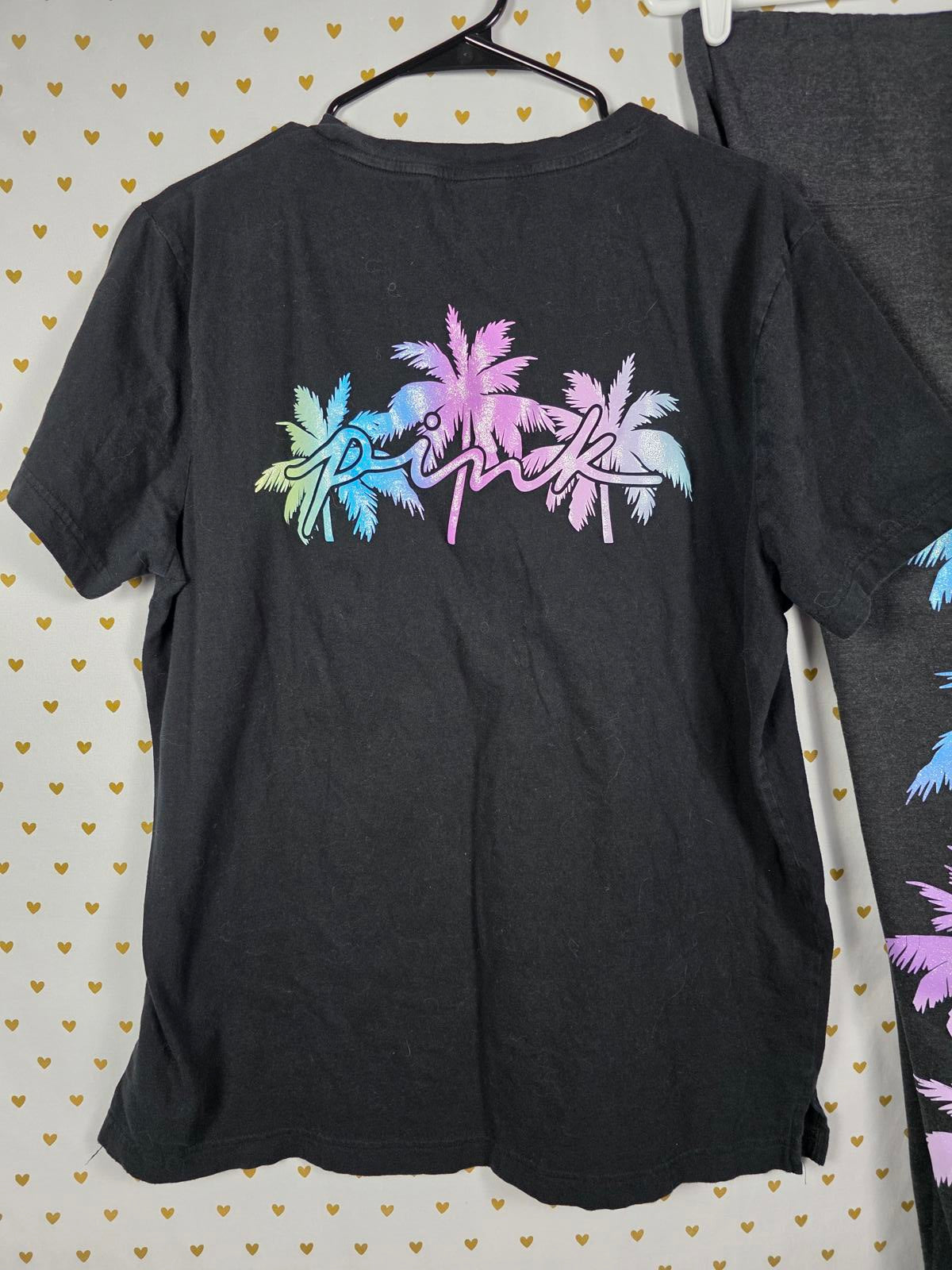 Victorias Secret Pink BLING PALM TREE SHINE TEE SHIRT LEGGING PANT SET GLITTER L