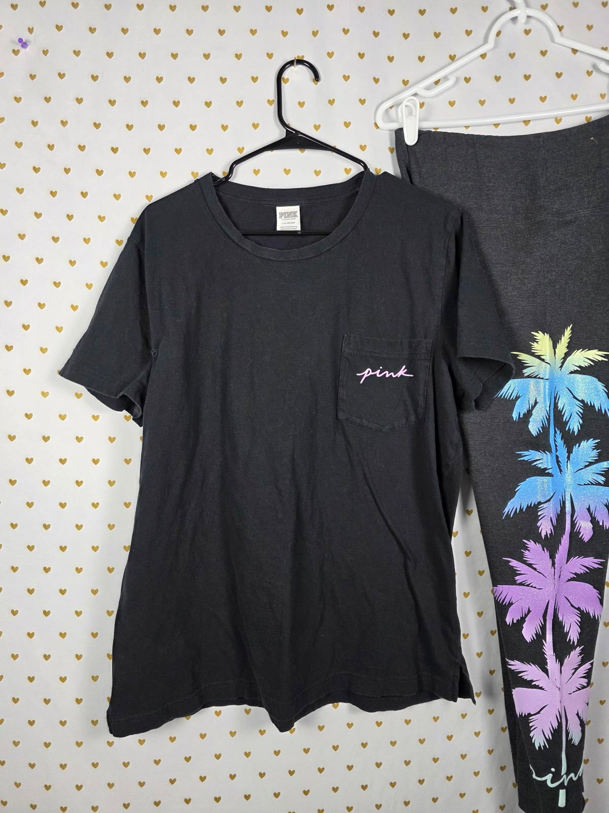 Victorias Secret Pink BLING PALM TREE SHINE TEE SHIRT LEGGING PANT SET GLITTER L