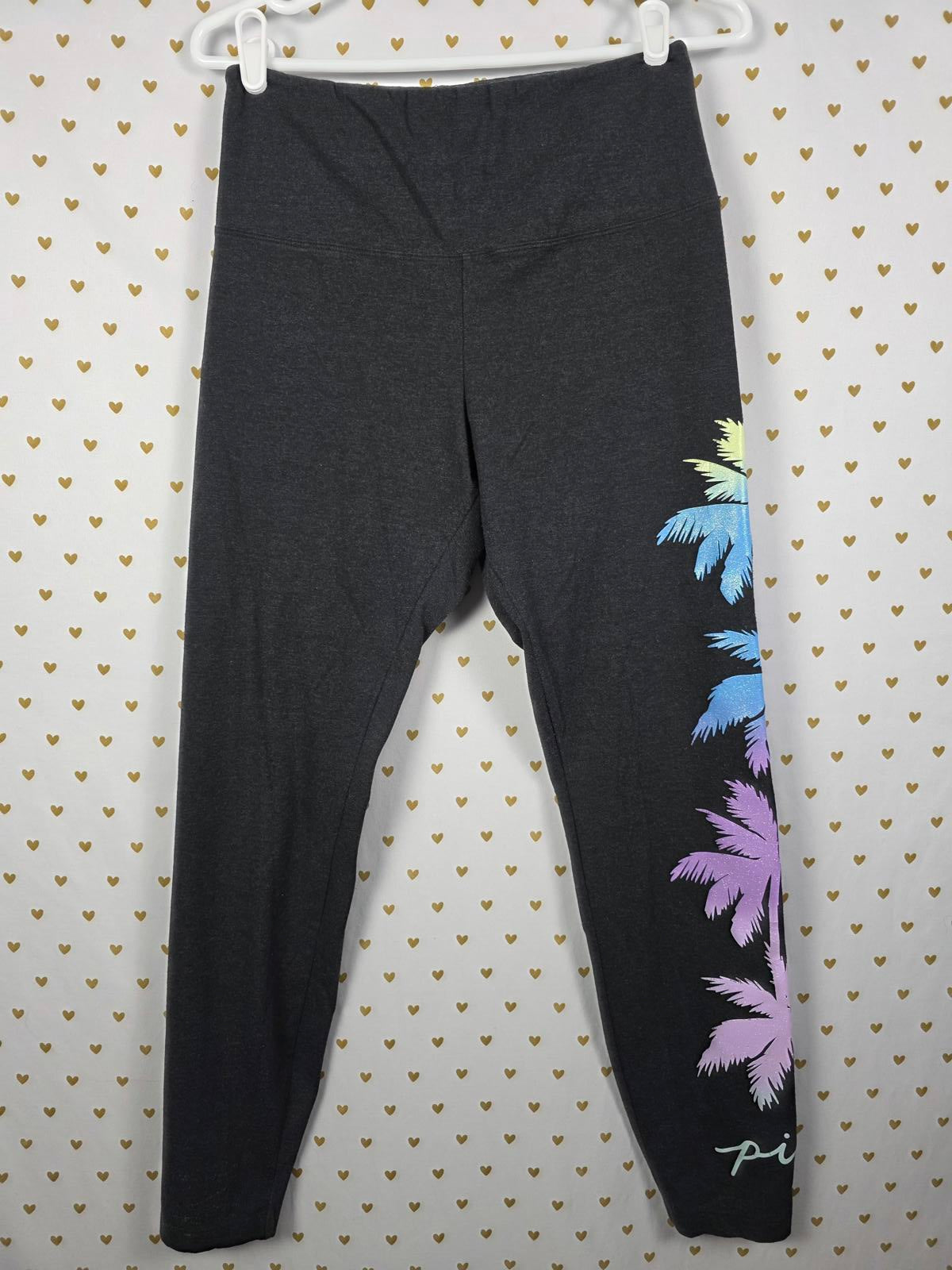 Victorias Secret Pink BLING PALM TREE SHINE TEE SHIRT LEGGING PANT SET GLITTER L