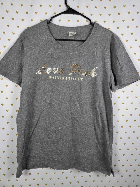 Victorias Secret PINK LOVE Gold Bling Tee shirt Sequined Large Grey
