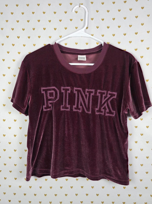 Victorias Secret PINK Cropped Maroon VELOUR Embroidered Tee Shirt Small