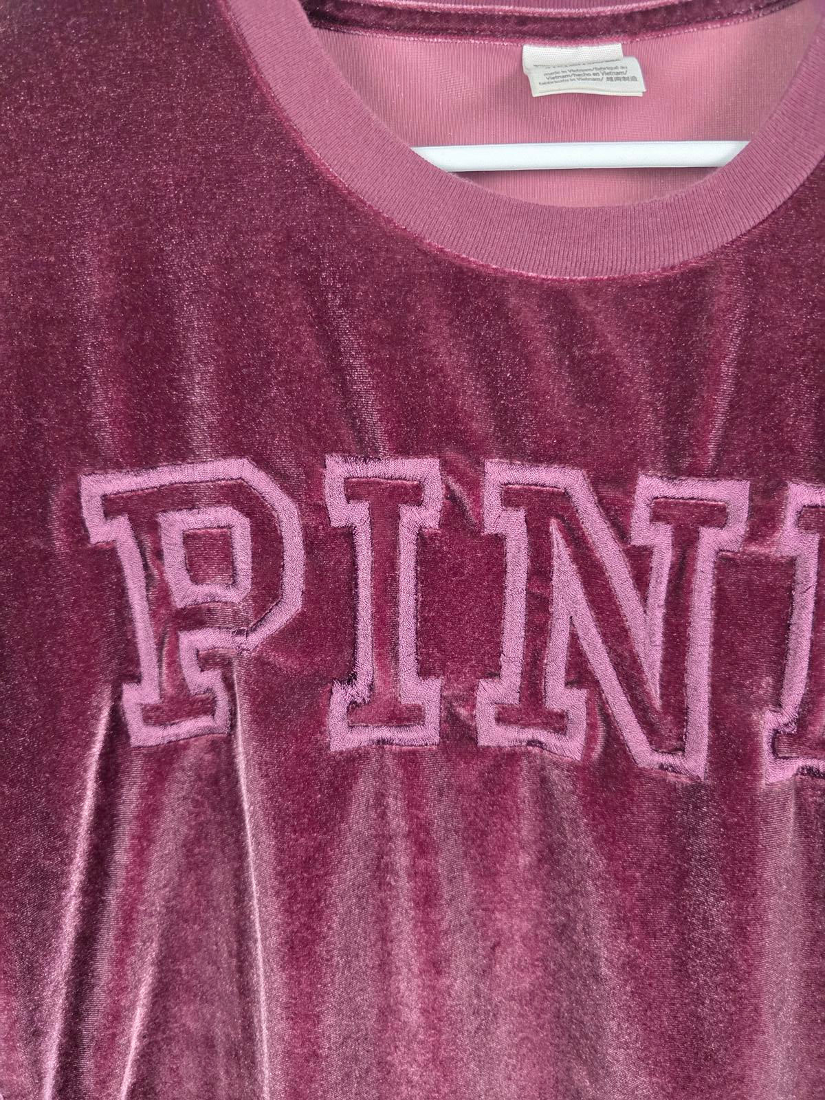 Victorias Secret PINK Cropped Maroon VELOUR Embroidered Tee Shirt Small