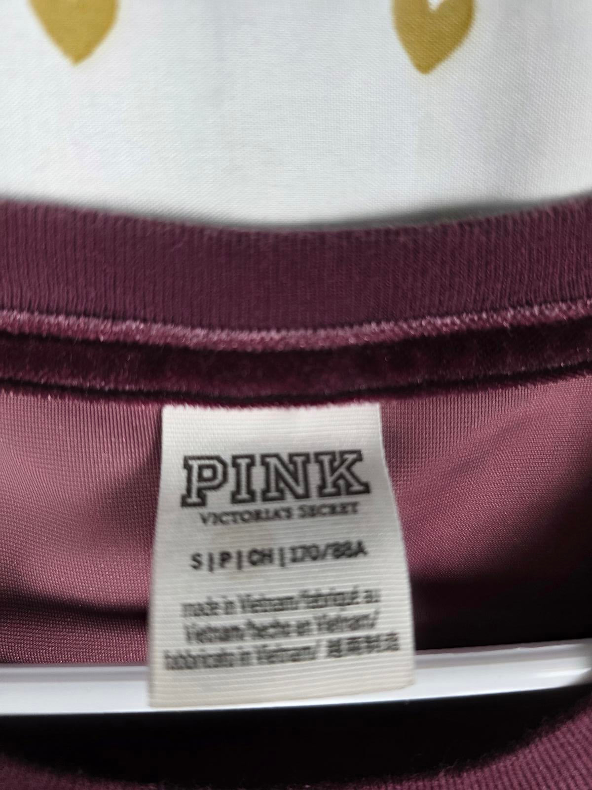 Victorias Secret PINK Cropped Maroon VELOUR Embroidered Tee Shirt Small