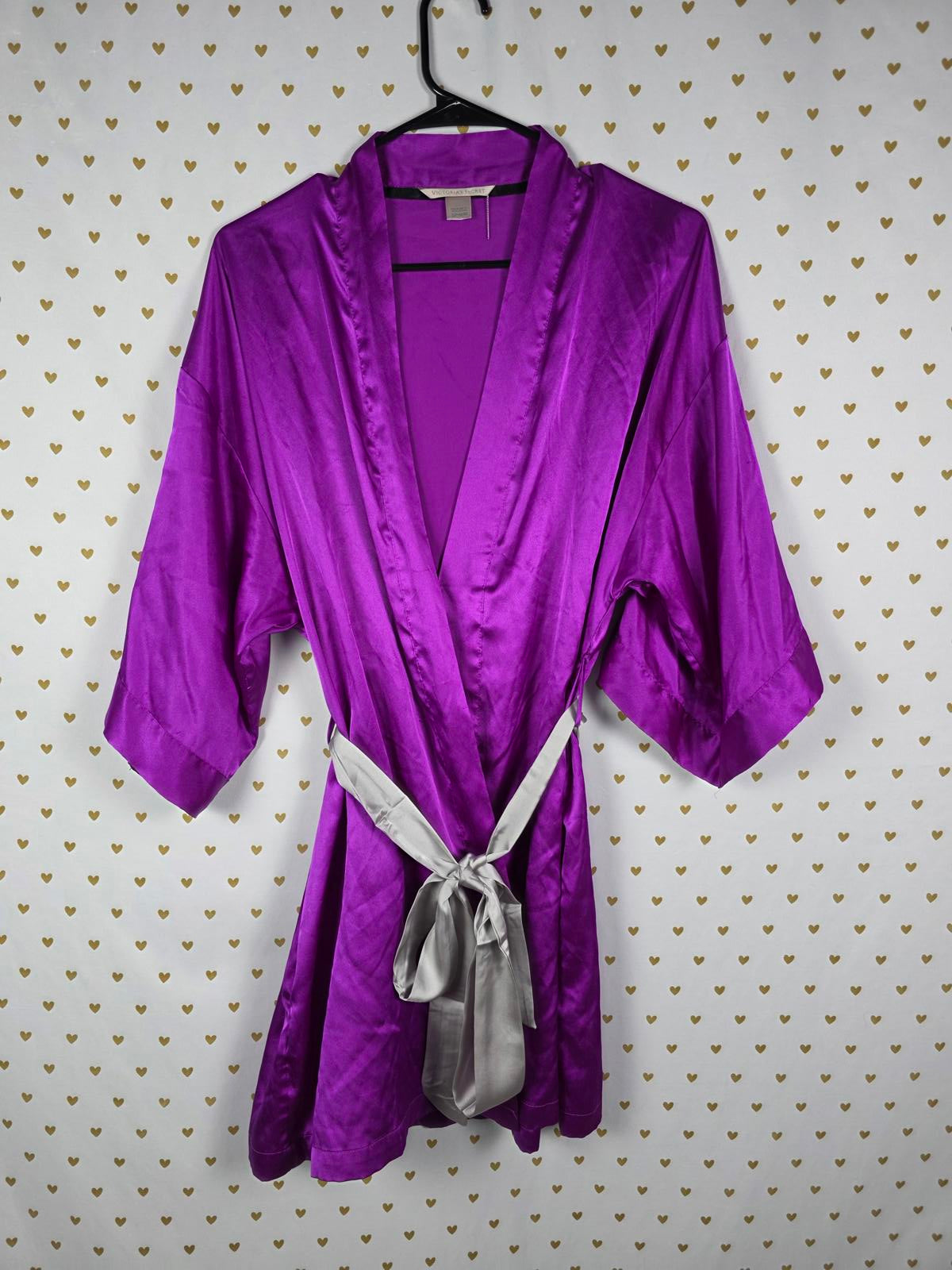 Victorias Secret Satin Silky Robe Purple Grey Lounge Kimono Wrap SMALL MEDIUM