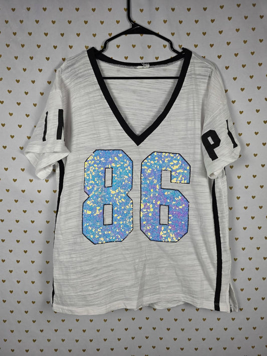 Victorias Secret PINK MERMAID BLING 86 V neck Tee SHIRT XL 86 White