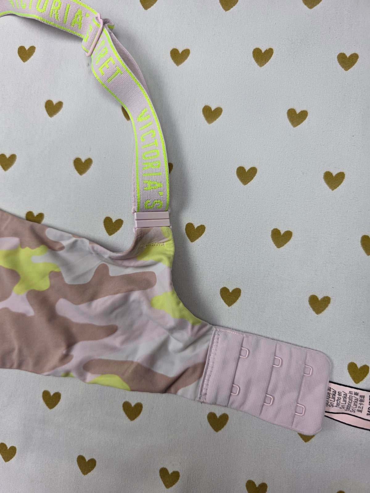 Victorias Secret Yellow Camo Camouflage Bra Logo Strap T Shirt Lightly Lined 34D