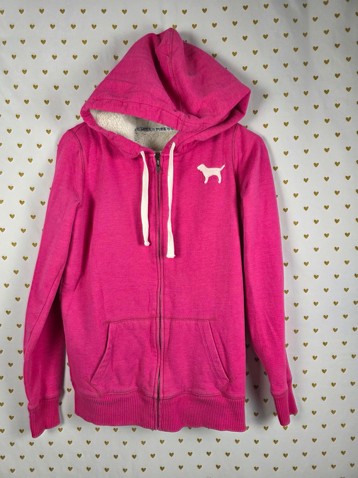 Victorias Secret Pink VINTAGE Embroidered LOVE Hoodie Y2k FUR LINED Small