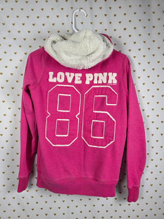 Victorias Secret Pink VINTAGE Embroidered LOVE Hoodie Y2k FUR LINED Small