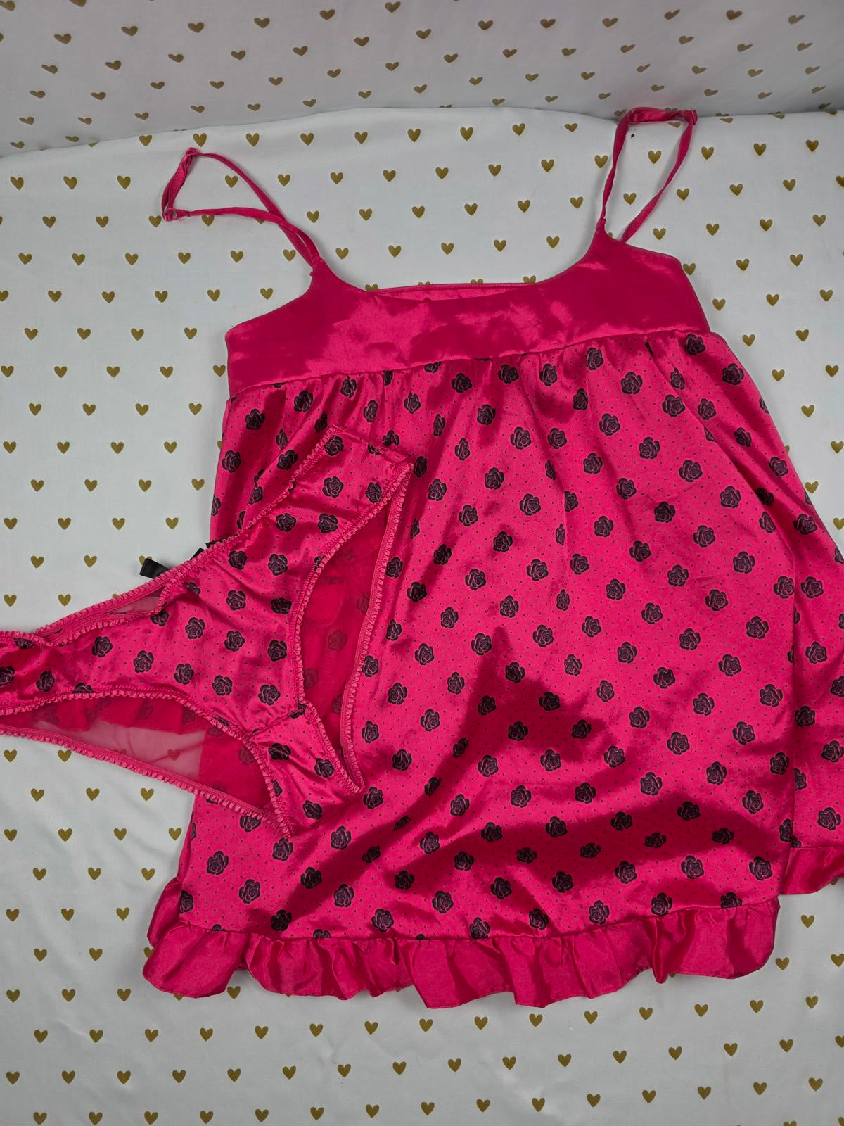 SEXY LITTLE THINGS Polka Dot Satin Lingerie Babydoll SET Small Roses 2pc