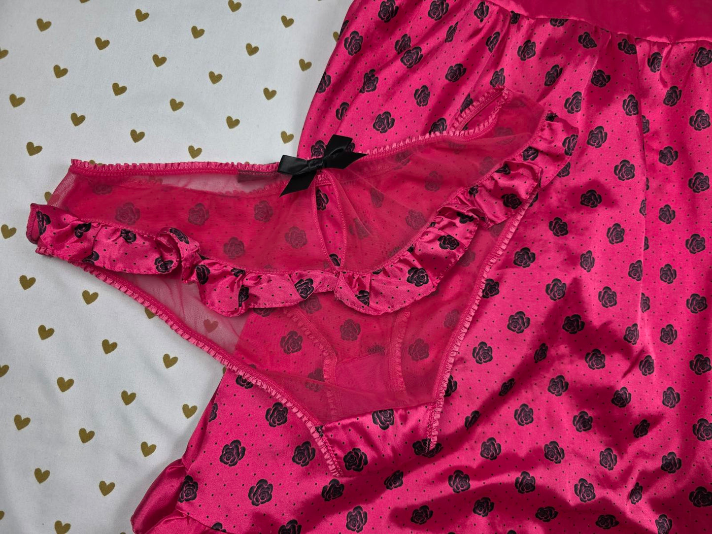 SEXY LITTLE THINGS Polka Dot Satin Lingerie Babydoll SET Small Roses 2pc