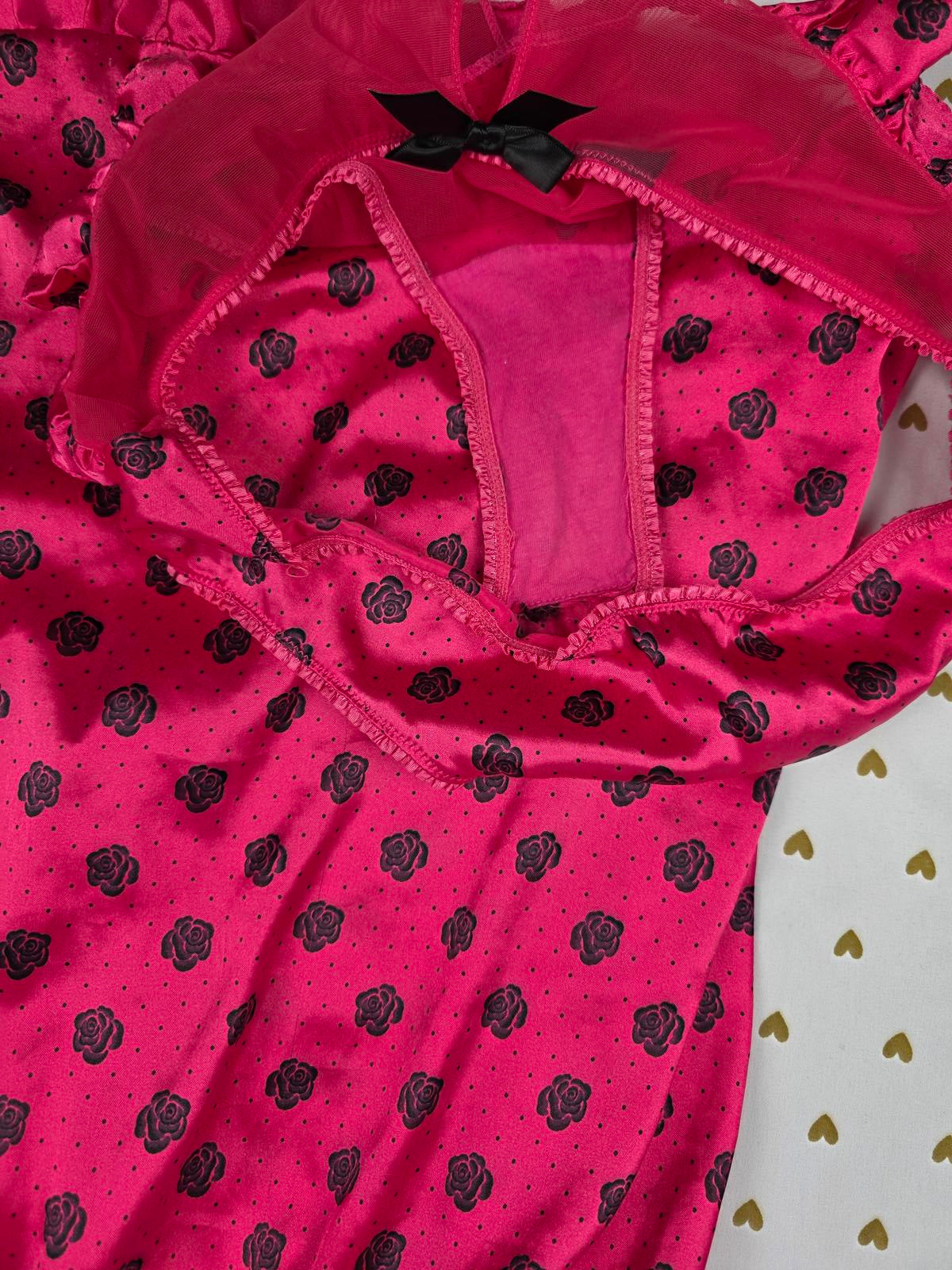 SEXY LITTLE THINGS Polka Dot Satin Lingerie Babydoll SET Small Roses 2pc