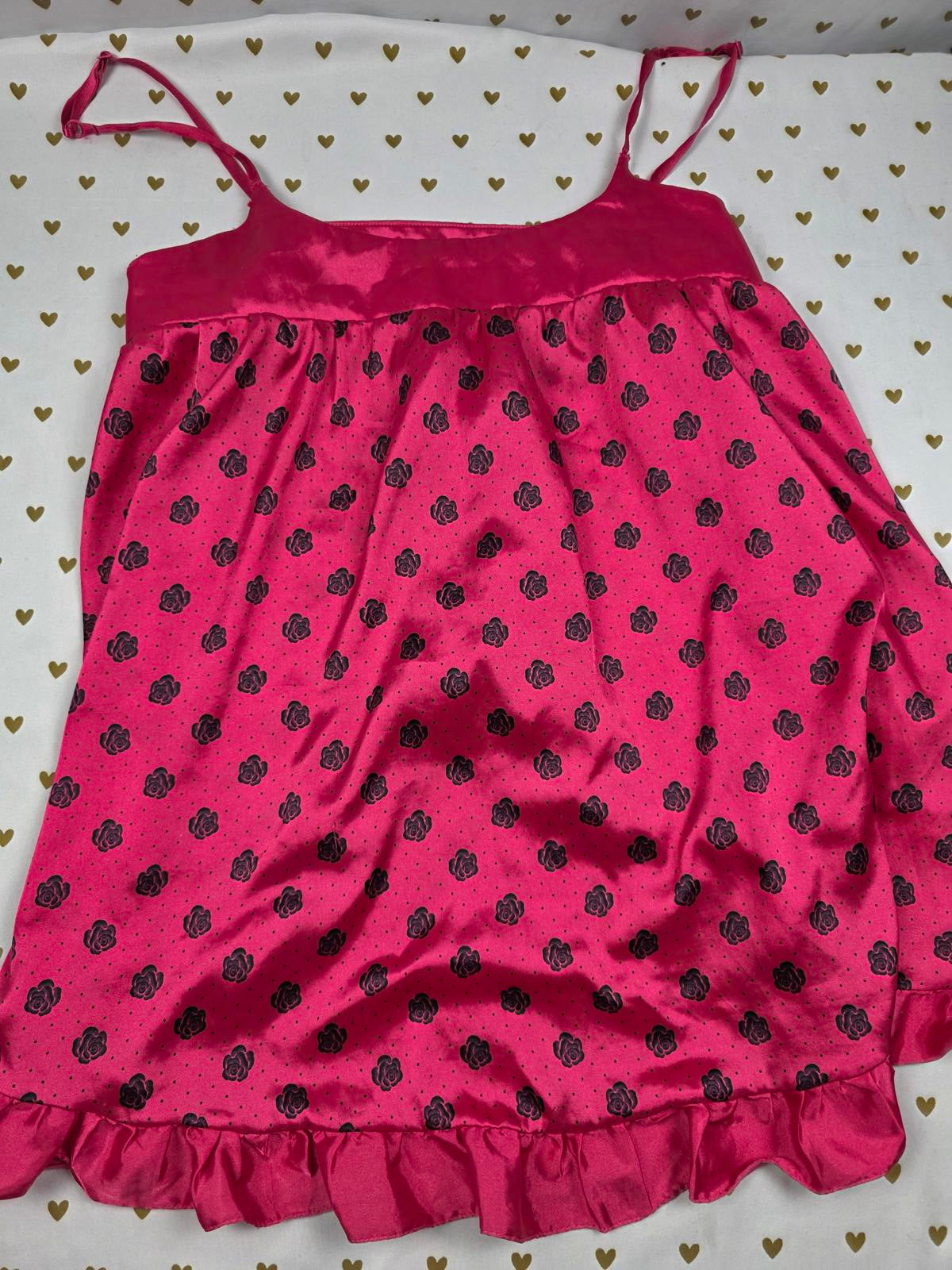 SEXY LITTLE THINGS Polka Dot Satin Lingerie Babydoll SET Small Roses 2pc