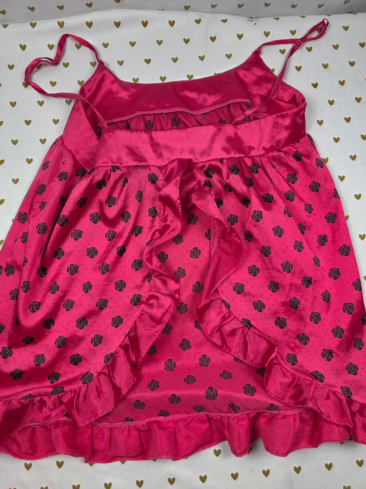 SEXY LITTLE THINGS Polka Dot Satin Lingerie Babydoll SET Small Roses 2pc
