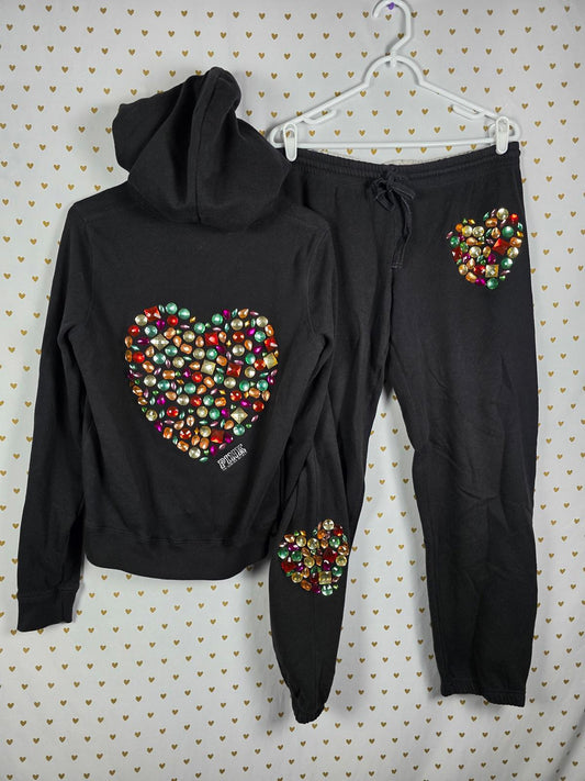 Victorias Secret Pink RARE BLING Jeweled SET Hoodie Sweats Logo Butt Gems MEDIUM