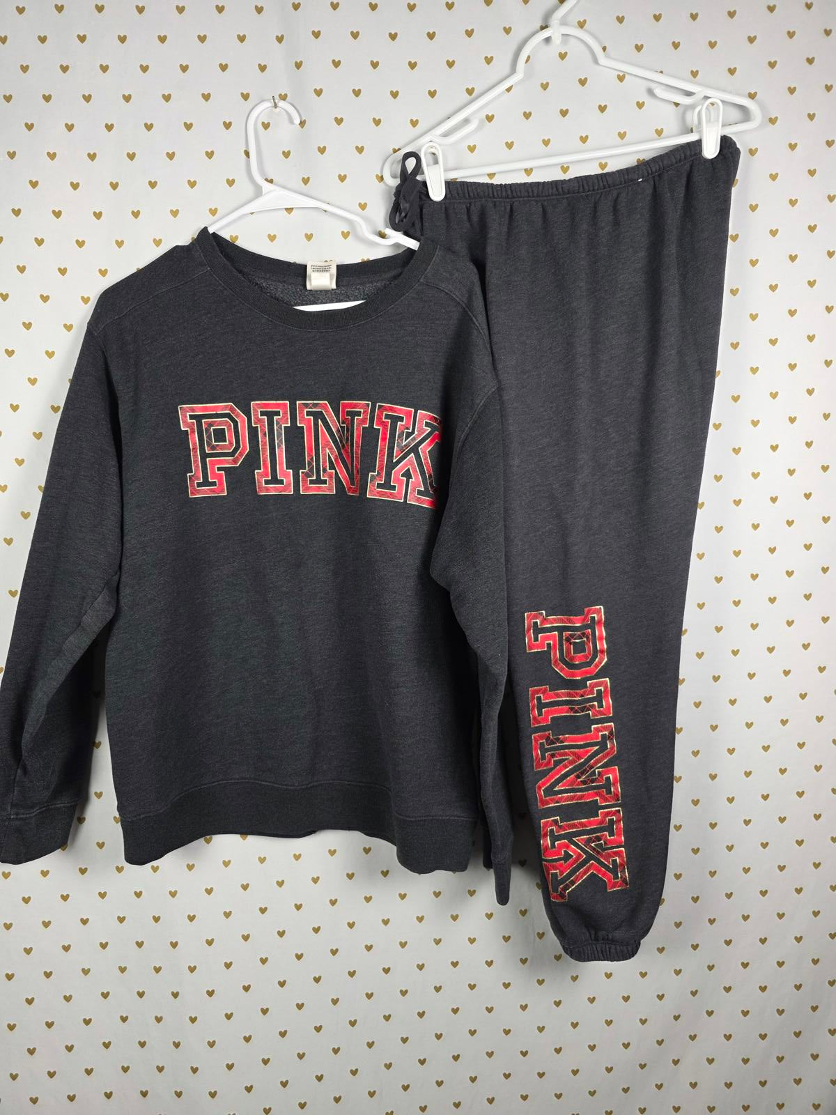 Victorias Secret PINK Plaid Logo SET Sweater Joggers Sweats 2pc MEDIUM Grey