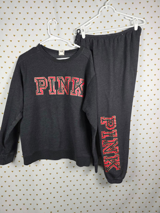 Victorias Secret PINK Plaid Logo SET Sweater Joggers Sweats 2pc MEDIUM Grey