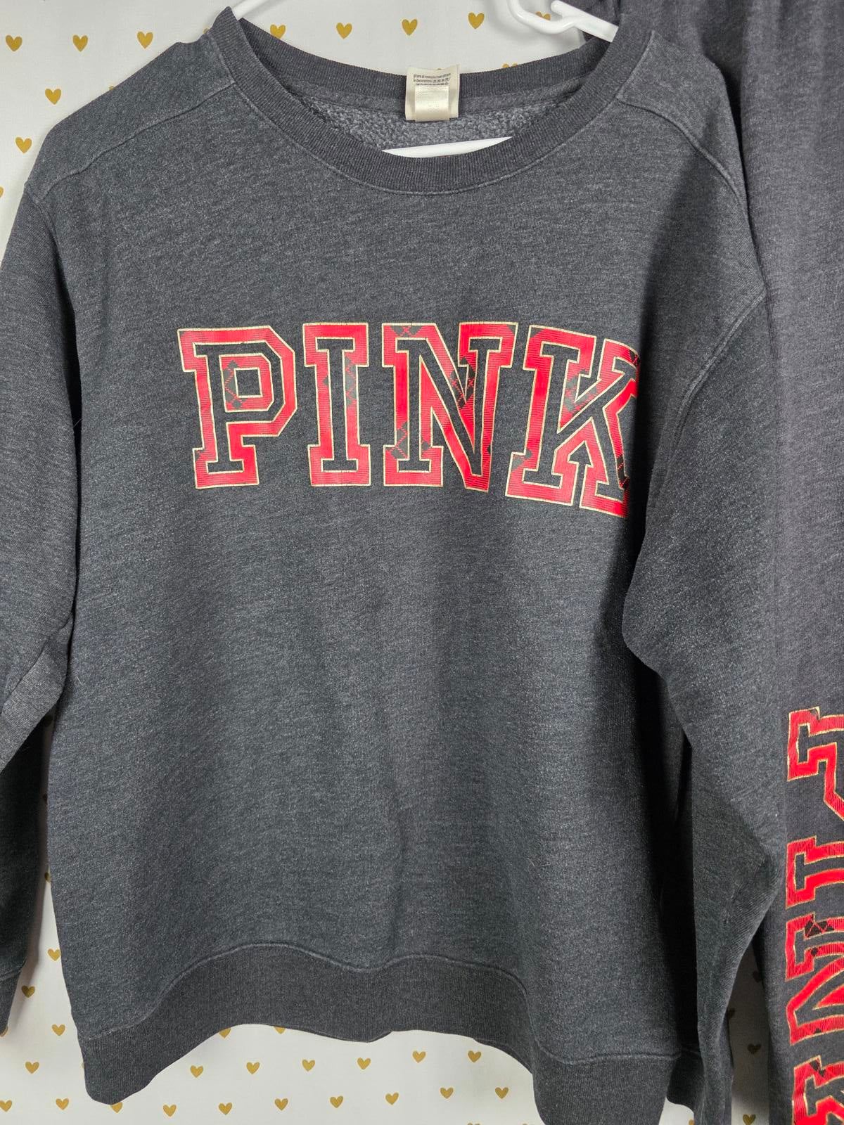 Victorias Secret PINK Plaid Logo SET Sweater Joggers Sweats 2pc MEDIUM Grey