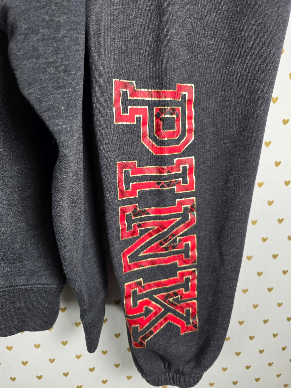 Victorias Secret PINK Plaid Logo SET Sweater Joggers Sweats 2pc MEDIUM Grey