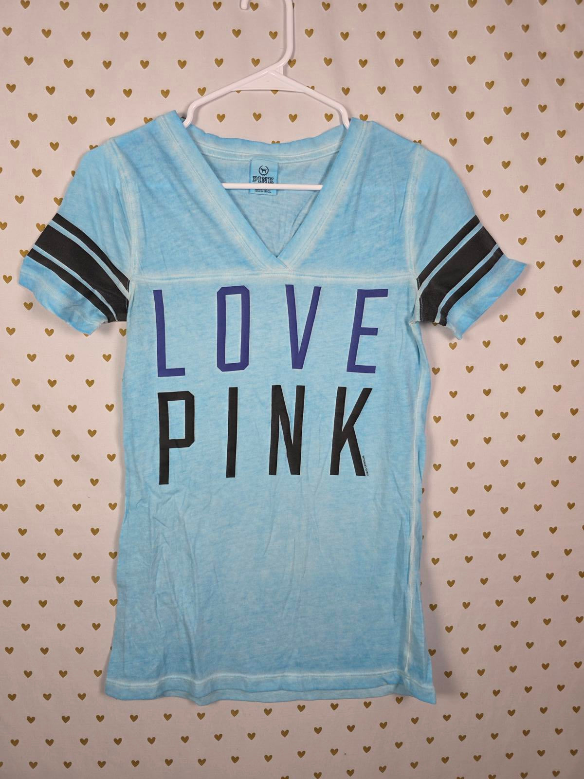 Victorias Secret PINK Vintage V neck Logo Tee Shirt Y2k Blue Small
