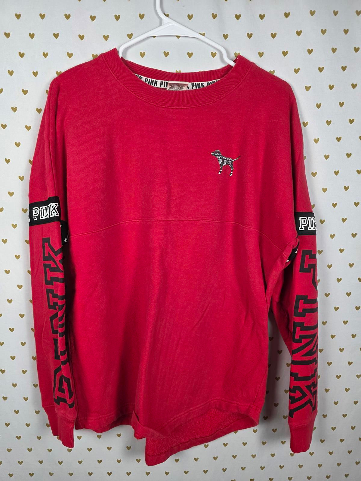 Victorias Secret Pink Campus Geometric Logo Sweater Shirt RED MEDIUM Oversized