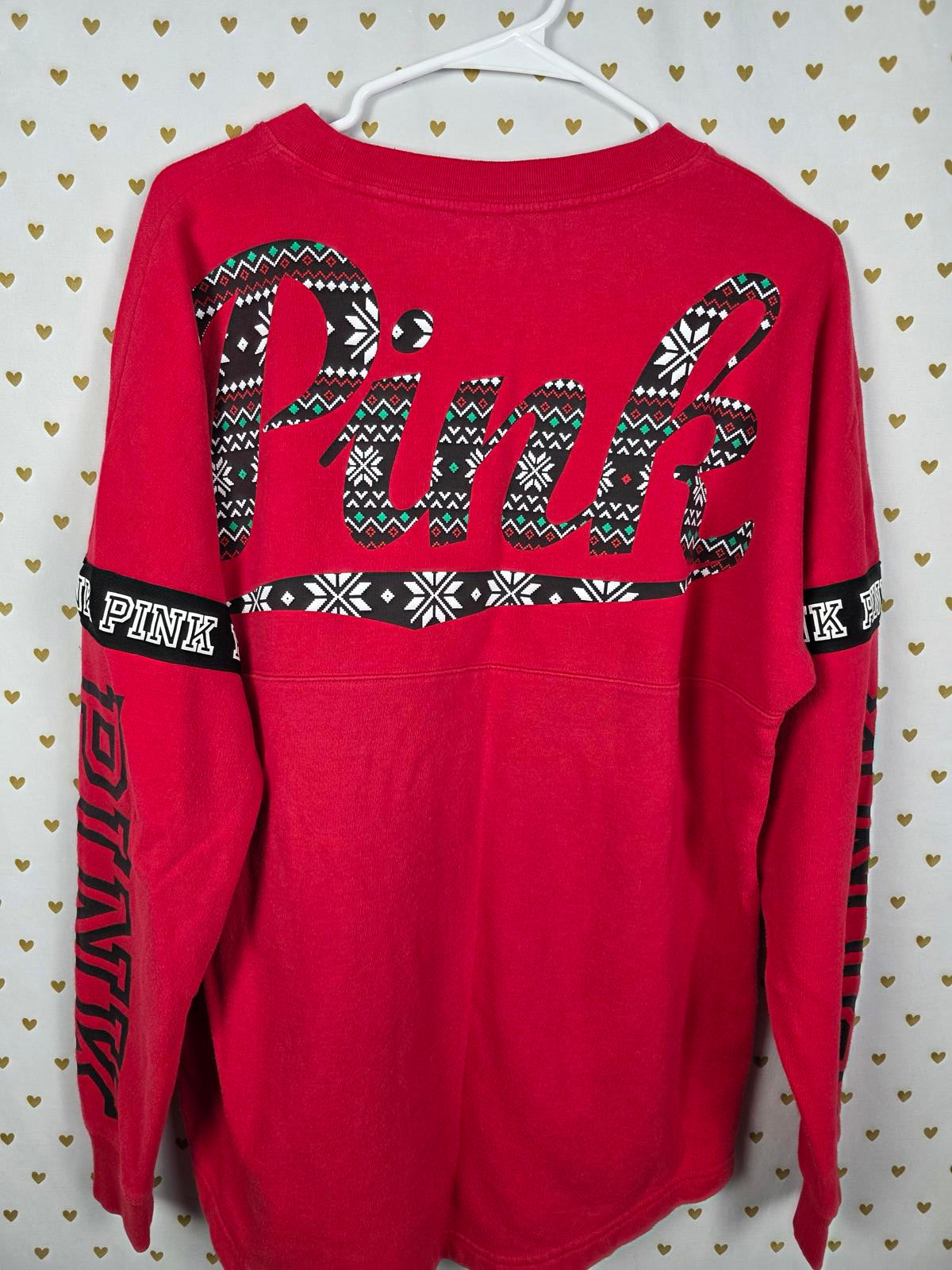 Victorias Secret Pink Campus Geometric Logo Sweater Shirt RED MEDIUM Oversized