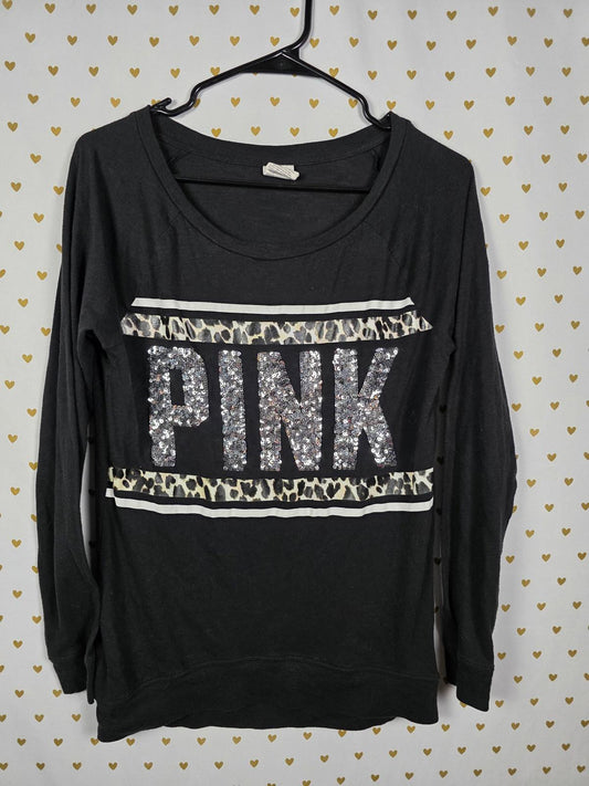 Victorias Secret PINK BLING CHEETAH LEOPARD Logo Tee Shirt SEQUINED XS