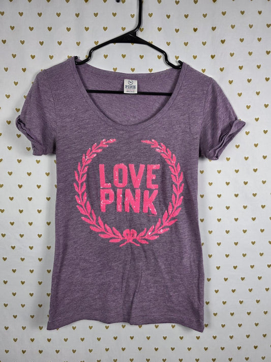 Victorias Secret PINK Sequined Crest Bling Tee Shirt Vintage y2k Cotton xs