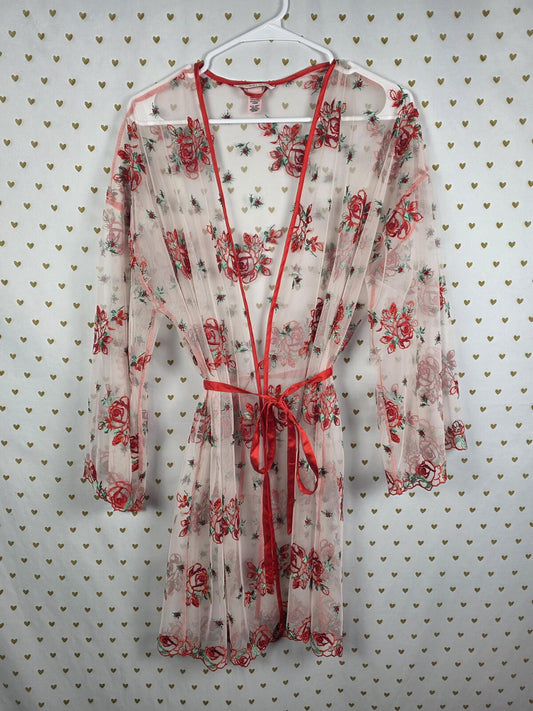 Victorias Secret Evening Blush Embroidered Rose ROBE Sheer XS SMALL