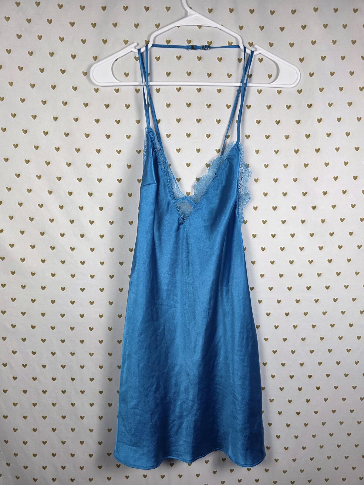 Victorias Secret Satin Blue ROBE & SLIP DRESS SET 2pc Nightie Silky Lingerie MED